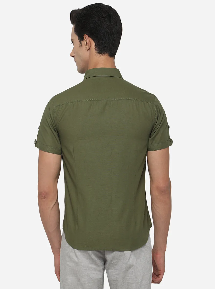 Olive Green Solid Slim Fit Semi Casual Shirt | Greenfibre