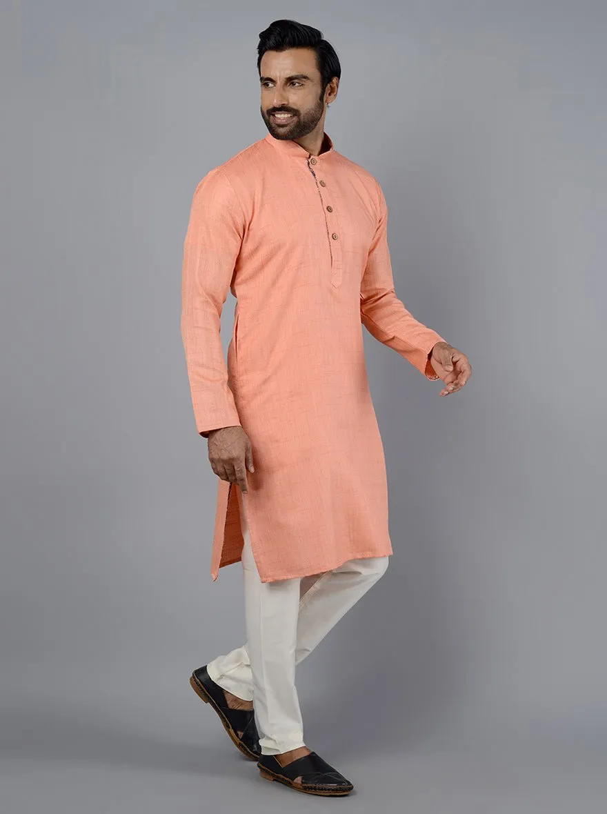 Peach Self Textured Silk Blend Kurta | The Kurta Company