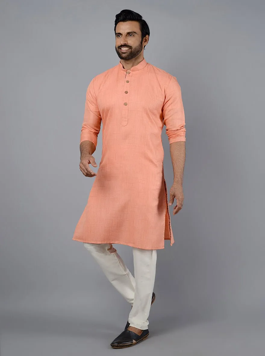 Peach Self Textured Silk Blend Kurta | The Kurta Company