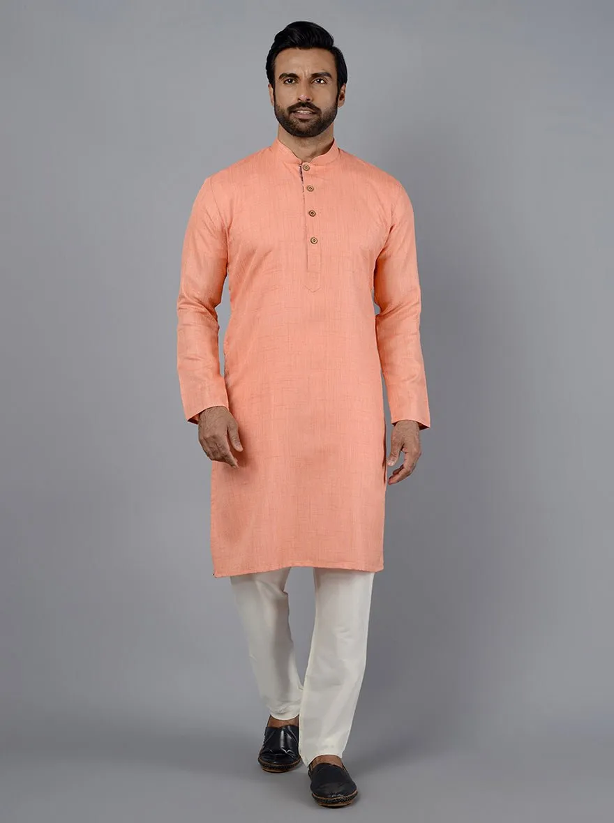 Peach Self Textured Silk Blend Kurta | The Kurta Company