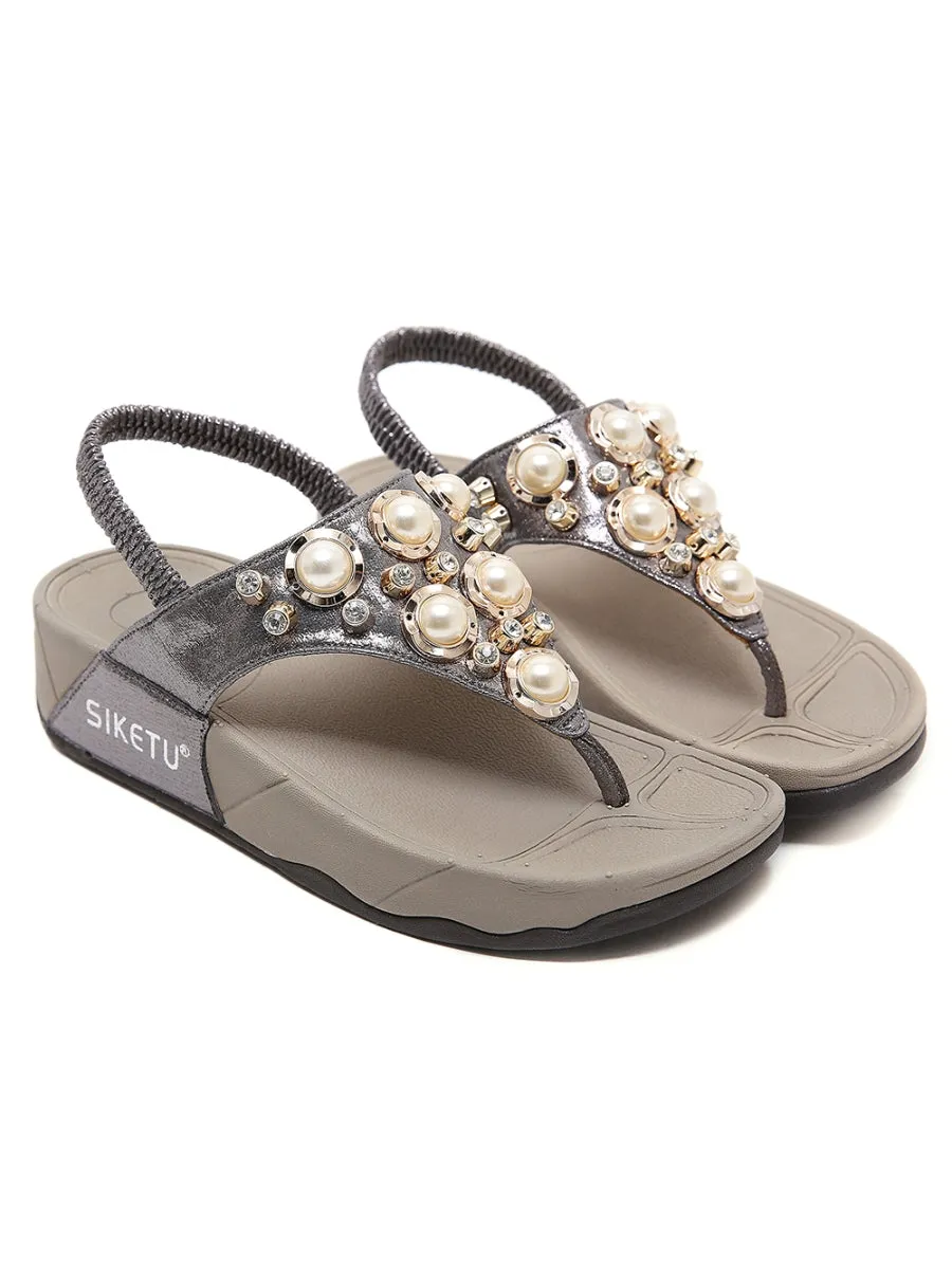 Pearl-Accent Grey Metallic Slingback