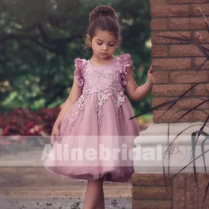 Pink Appliques Tulle Pretty Sleeveless Short Flower Girl Dresses , FGS074