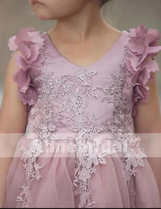 Pink Appliques Tulle Pretty Sleeveless Short Flower Girl Dresses , FGS074