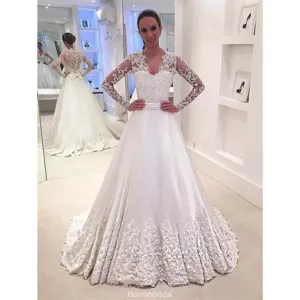 Popular A-line Lace Appliques Long Sleeves Wedding Dresses With Train, WD0420