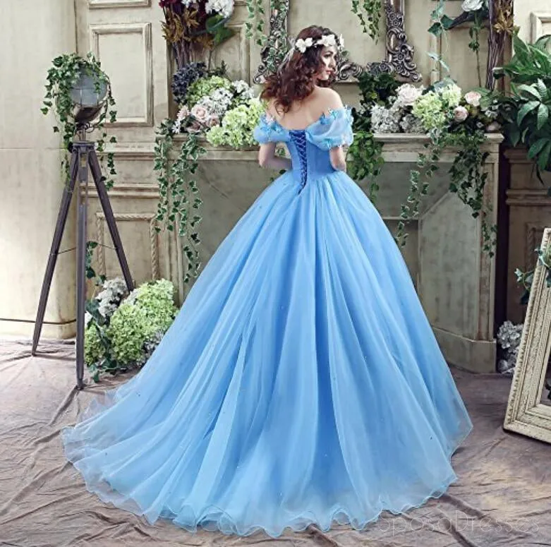 Popular Off Shoulder Blue A line Long Evening Prom Dresses, 17523
