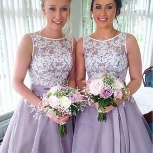 Popular Organza Bateau Bridesmaid Dresses, Lace Short Wedding Party Dress