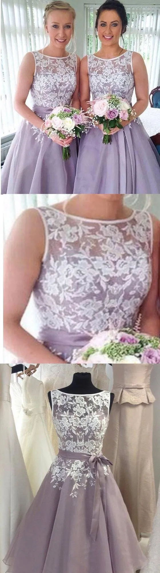 Popular Organza Bateau Bridesmaid Dresses, Lace Short Wedding Party Dress