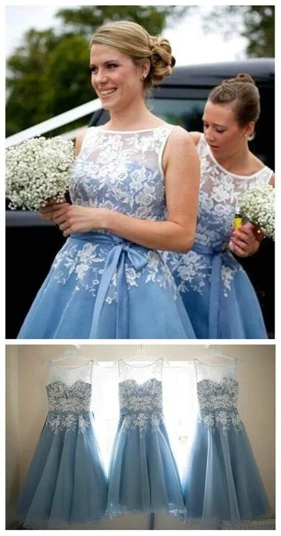 Popular Organza Bateau Bridesmaid Dresses, Lace Short Wedding Party Dress