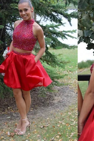 Popular Red Two Piece Blush Homecoming Dress Beaded Short Prom Dresses, MH165