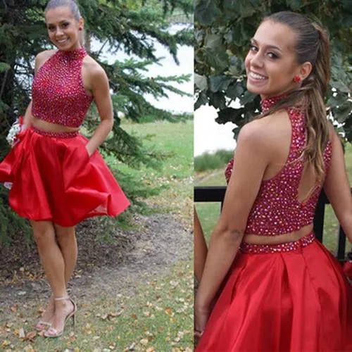 Popular Red Two Piece Blush Homecoming Dress Beaded Short Prom Dresses, MH165