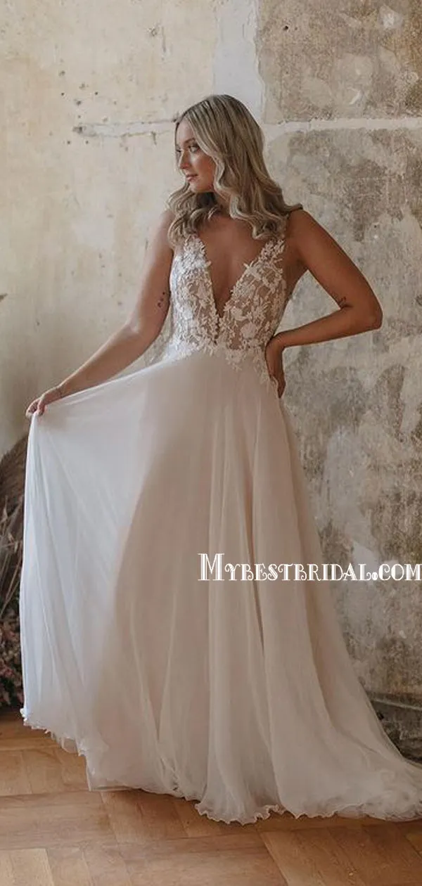 Popular V-neck A-line Chiffon Lace Long Wedding Dresses. WDS0107