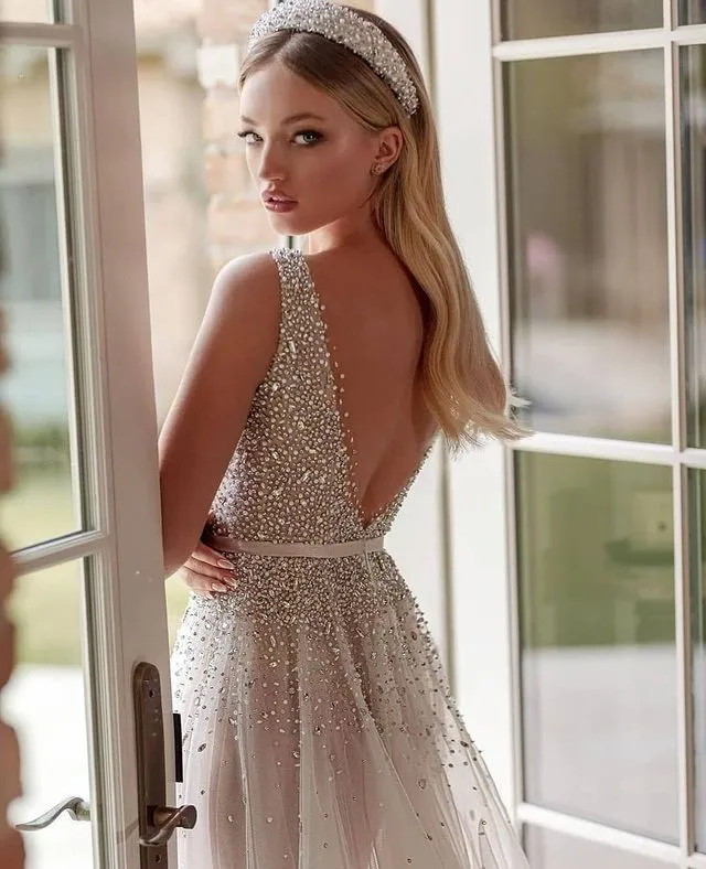 Popular V-neck A-line Tulle Floor-length Simple Long Wedding Dresses, PDS0212