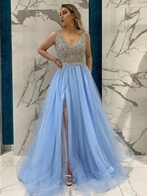 Popular V-neck A-line Tulle Side Slit Long Prom Dresses,SFPD0147