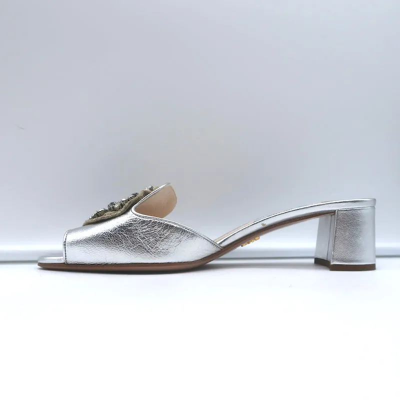 Prada Crystal-Embellished Mule Sandals Silver Metallic Leather Size 38.5 NEW