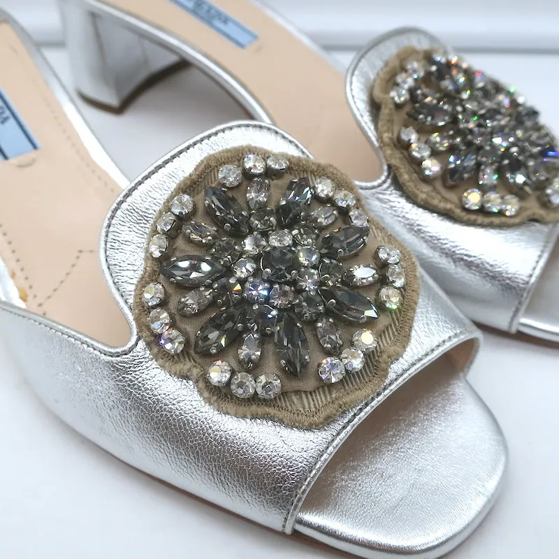 Prada Crystal-Embellished Mule Sandals Silver Metallic Leather Size 38.5 NEW