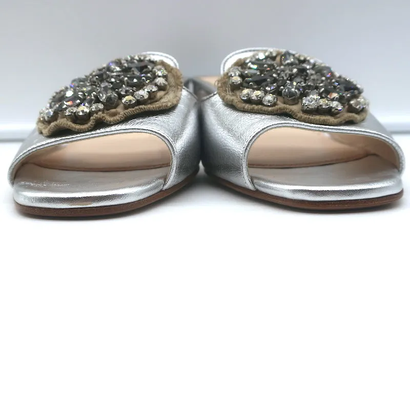 Prada Crystal-Embellished Mule Sandals Silver Metallic Leather Size 38.5 NEW