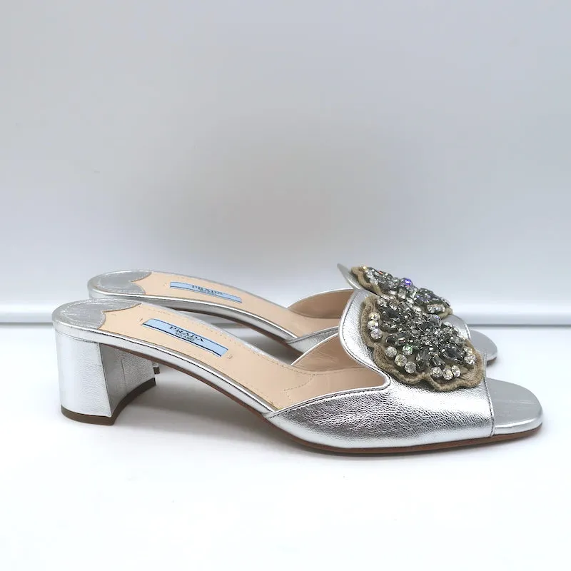 Prada Crystal-Embellished Mule Sandals Silver Metallic Leather Size 38.5 NEW