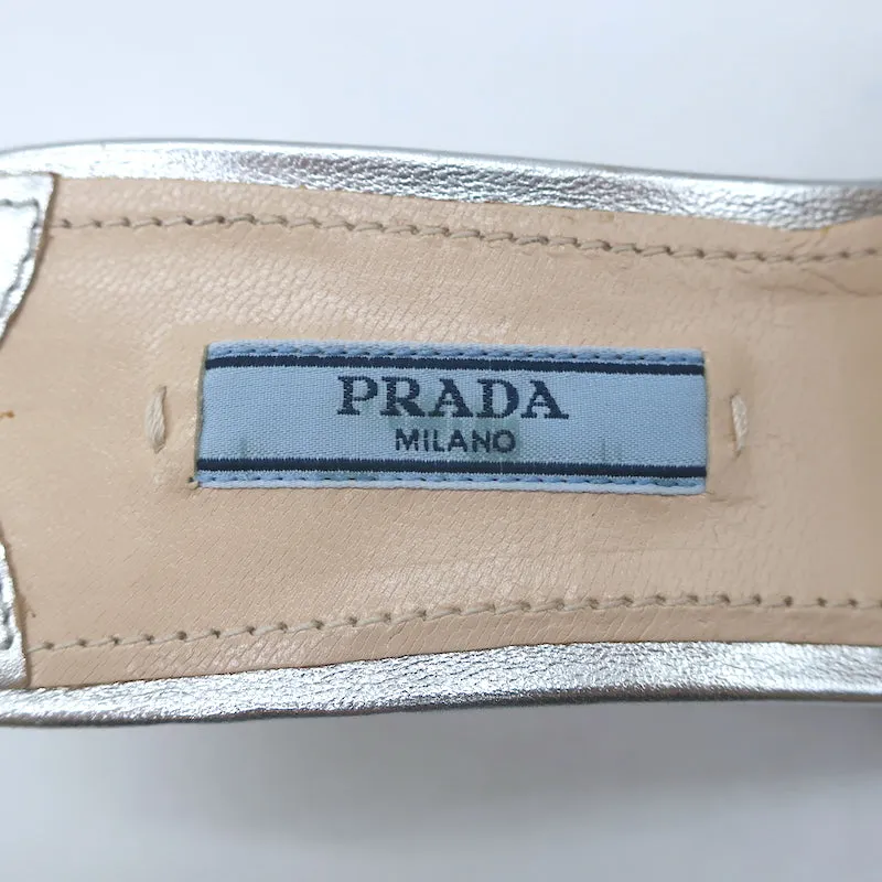 Prada Crystal-Embellished Mule Sandals Silver Metallic Leather Size 38.5 NEW