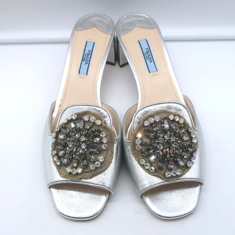 Prada Crystal-Embellished Mule Sandals Silver Metallic Leather Size 38.5 NEW