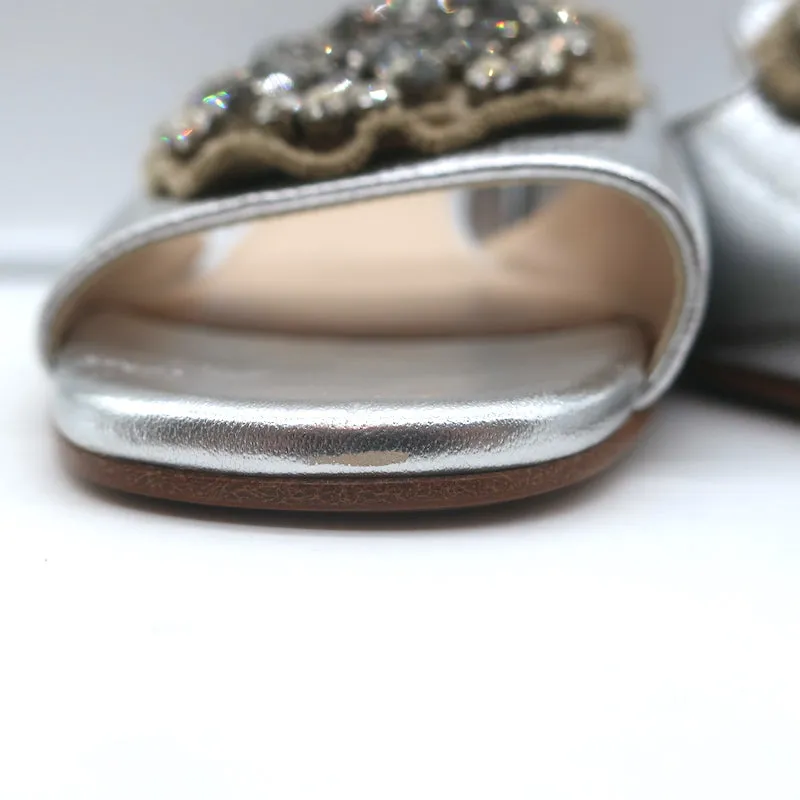 Prada Crystal-Embellished Mule Sandals Silver Metallic Leather Size 38.5 NEW