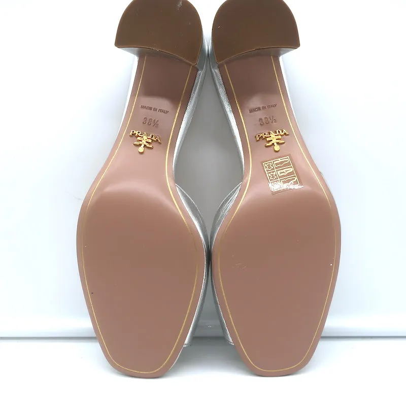 Prada Crystal-Embellished Mule Sandals Silver Metallic Leather Size 38.5 NEW