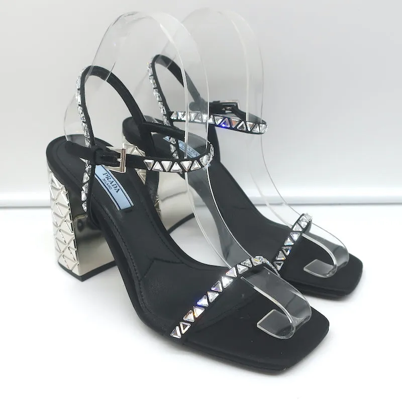 Prada Crystal-Embellished Sandals Black Satin Size 36.5 Ankle Strap Heels NEW