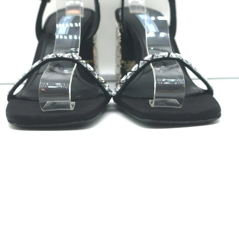 Prada Crystal-Embellished Sandals Black Satin Size 36.5 Ankle Strap Heels NEW