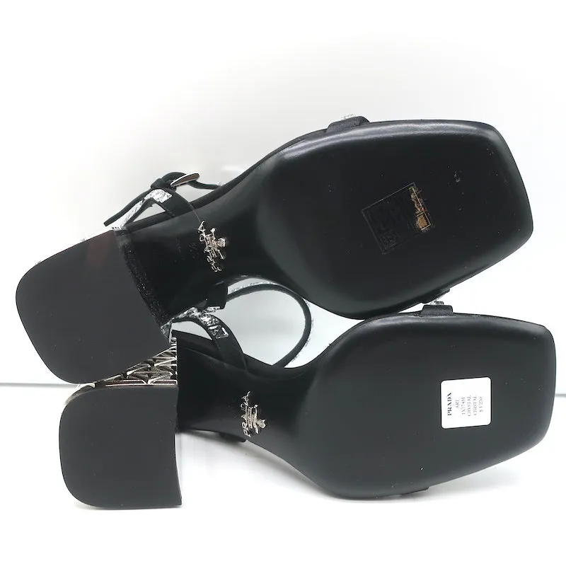 Prada Crystal-Embellished Sandals Black Satin Size 36.5 Ankle Strap Heels NEW
