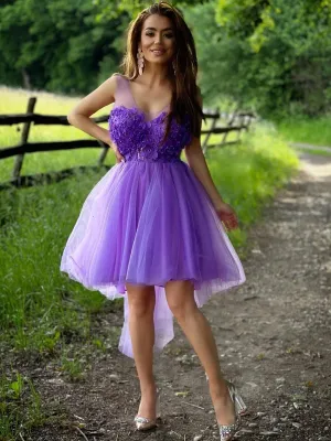 Purple Illusion Lace Flowers High-low Tulle Backless A-line Short Homecoming Dress, HD3030