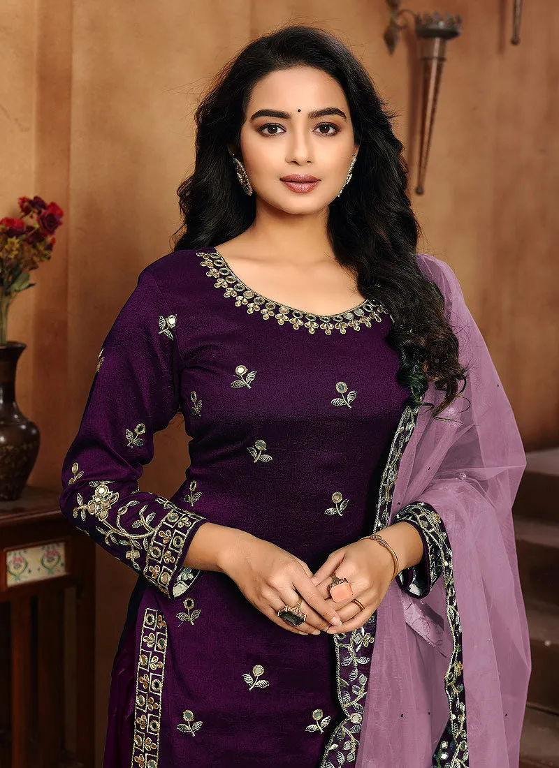 Purple Mirror work Embroidered Punjabi Suit