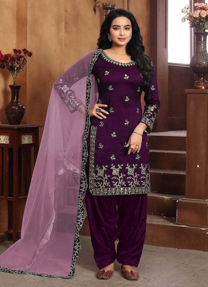 Purple Mirror work Embroidered Punjabi Suit