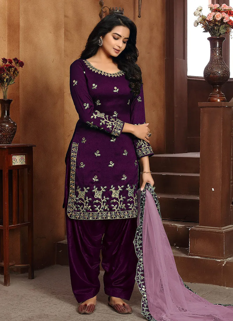 Purple Mirror work Embroidered Punjabi Suit