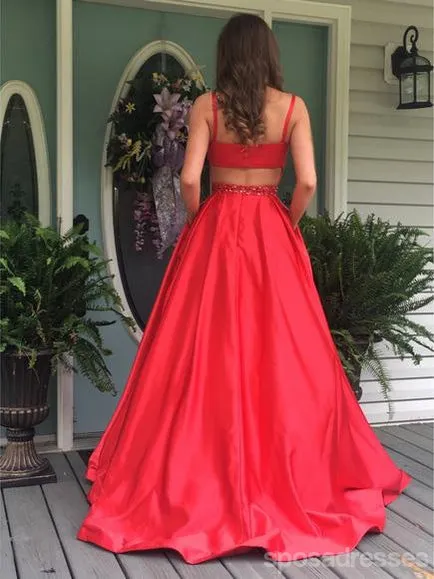 Red Open Back Bateau A-line Long Evening Prom Dresses, 17680