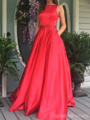 Red Open Back Bateau A-line Long Evening Prom Dresses, 17680