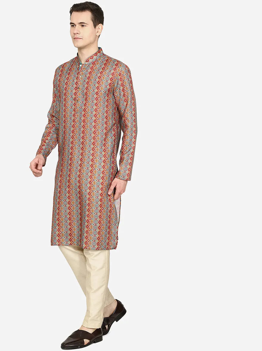 Red Printed Cotton Blend Kurta | The Kurta Company