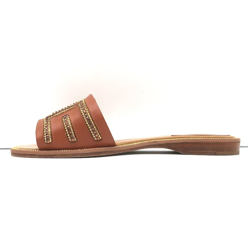 Rene Caovilla Crystal-Embellished Slide Sandals Deena Brown Leather Size 36