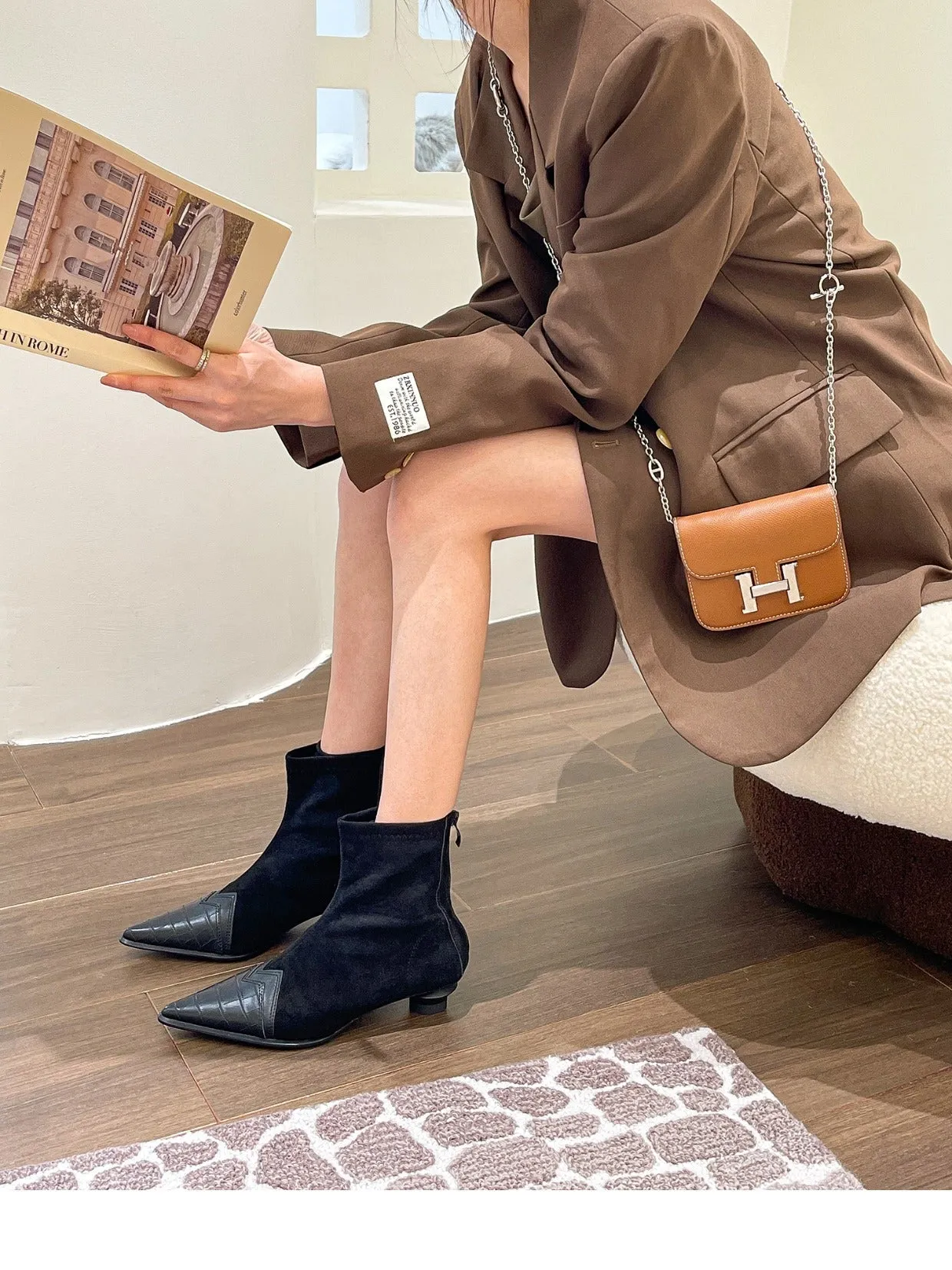 Retro Women Patchwork Pointed Boots Back Zipper Kitten Heel