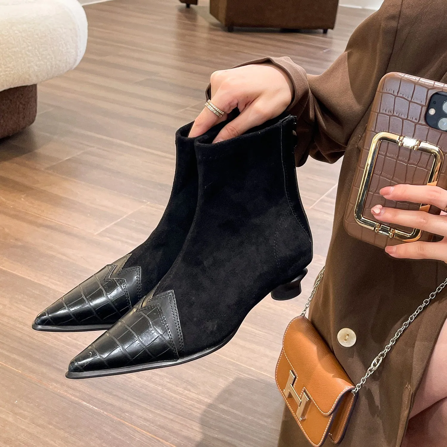 Retro Women Patchwork Pointed Boots Back Zipper Kitten Heel