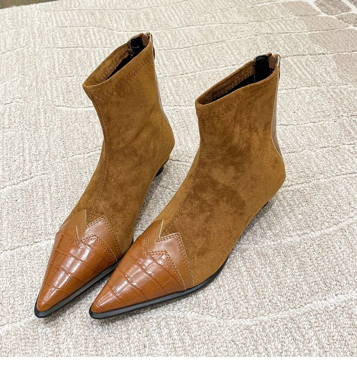 Retro Women Patchwork Pointed Boots Back Zipper Kitten Heel