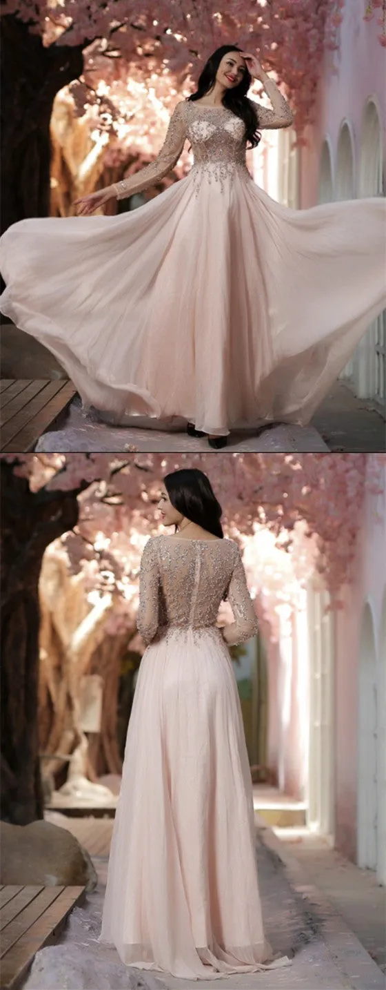 Round Neck Long Sleeves Beading Long Chiffon Prom Dresses, PD0663