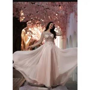 Round Neck Long Sleeves Beading Long Chiffon Prom Dresses, PD0663