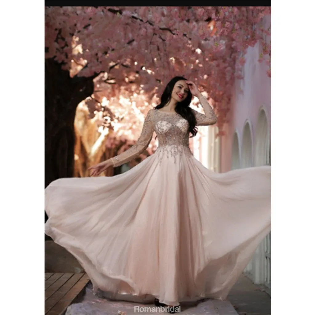 Round Neck Long Sleeves Beading Long Chiffon Prom Dresses, PD0663
