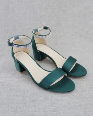 Satin Block Heel Sandals with Mini Rhinestones Embellished Ankle Strap