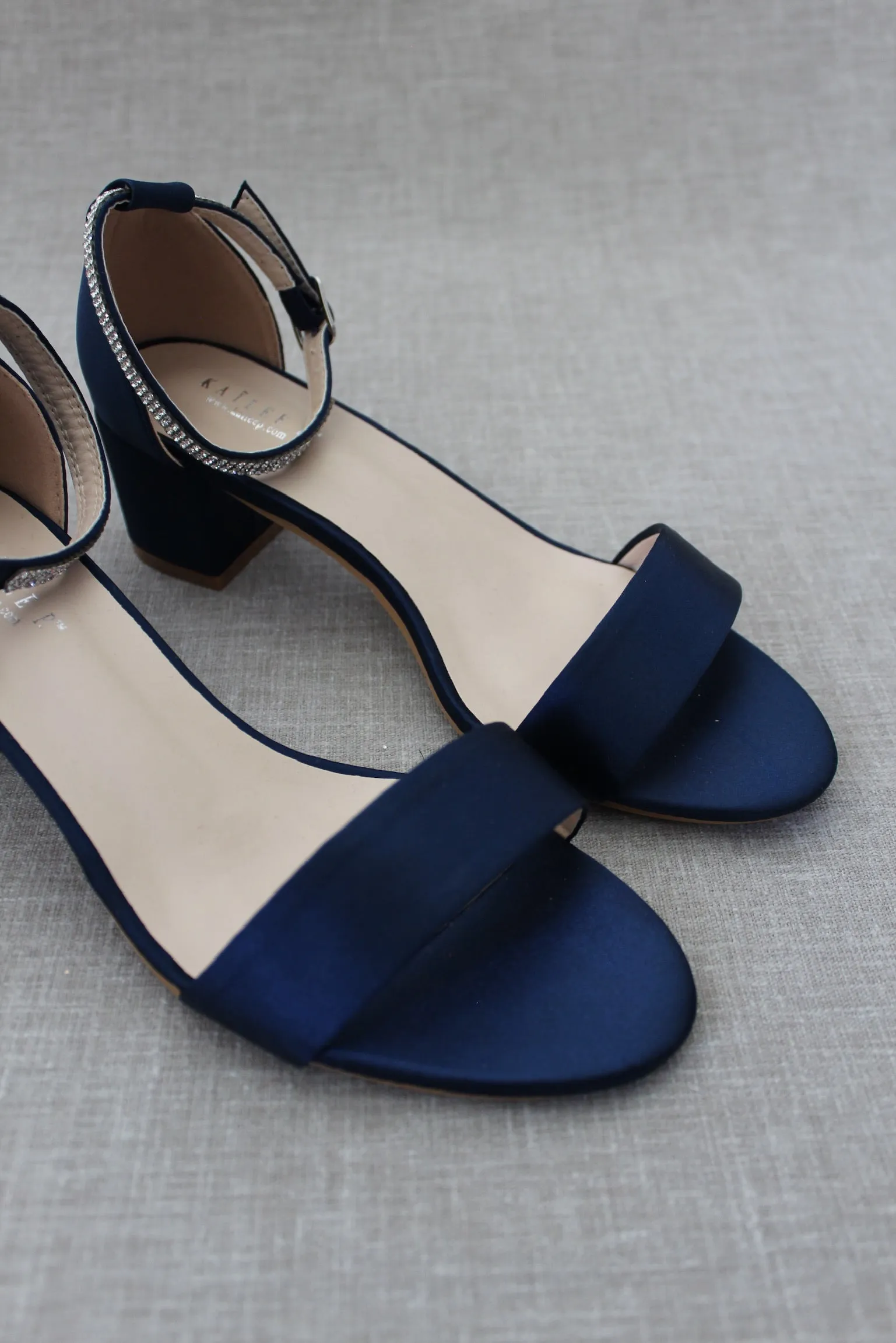 Satin Block Heel Sandals with Mini Rhinestones Embellished Ankle Strap