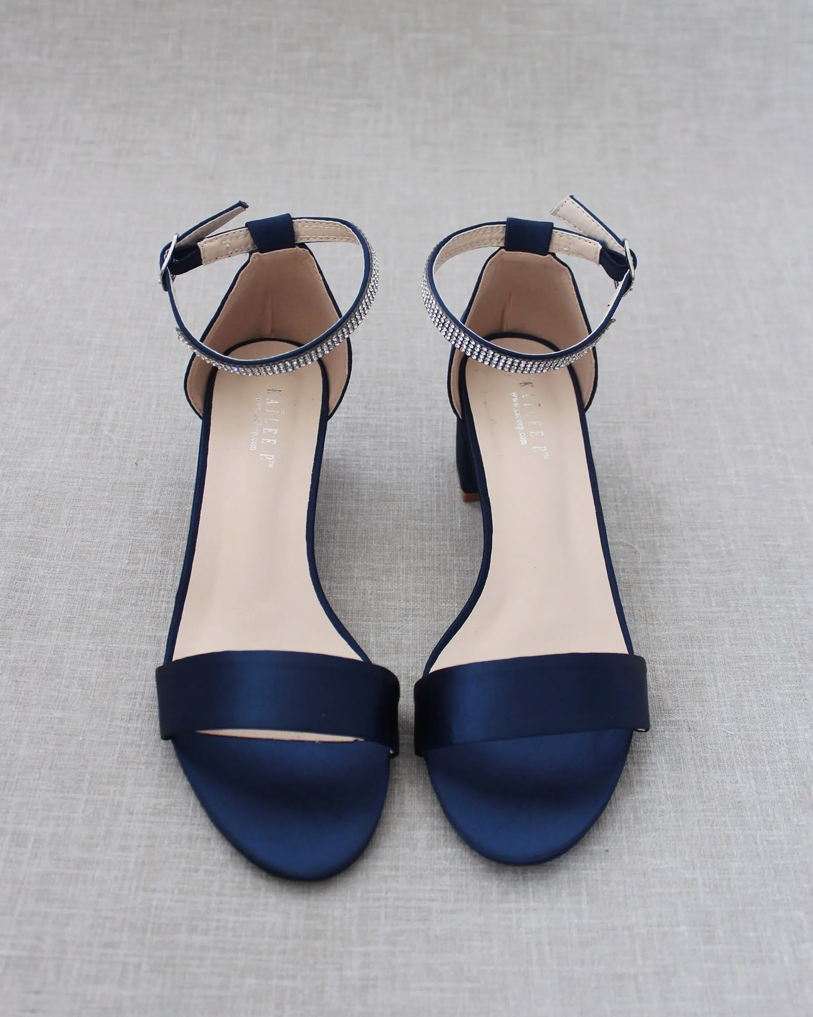 Satin Block Heel Sandals with Mini Rhinestones Embellished Ankle Strap