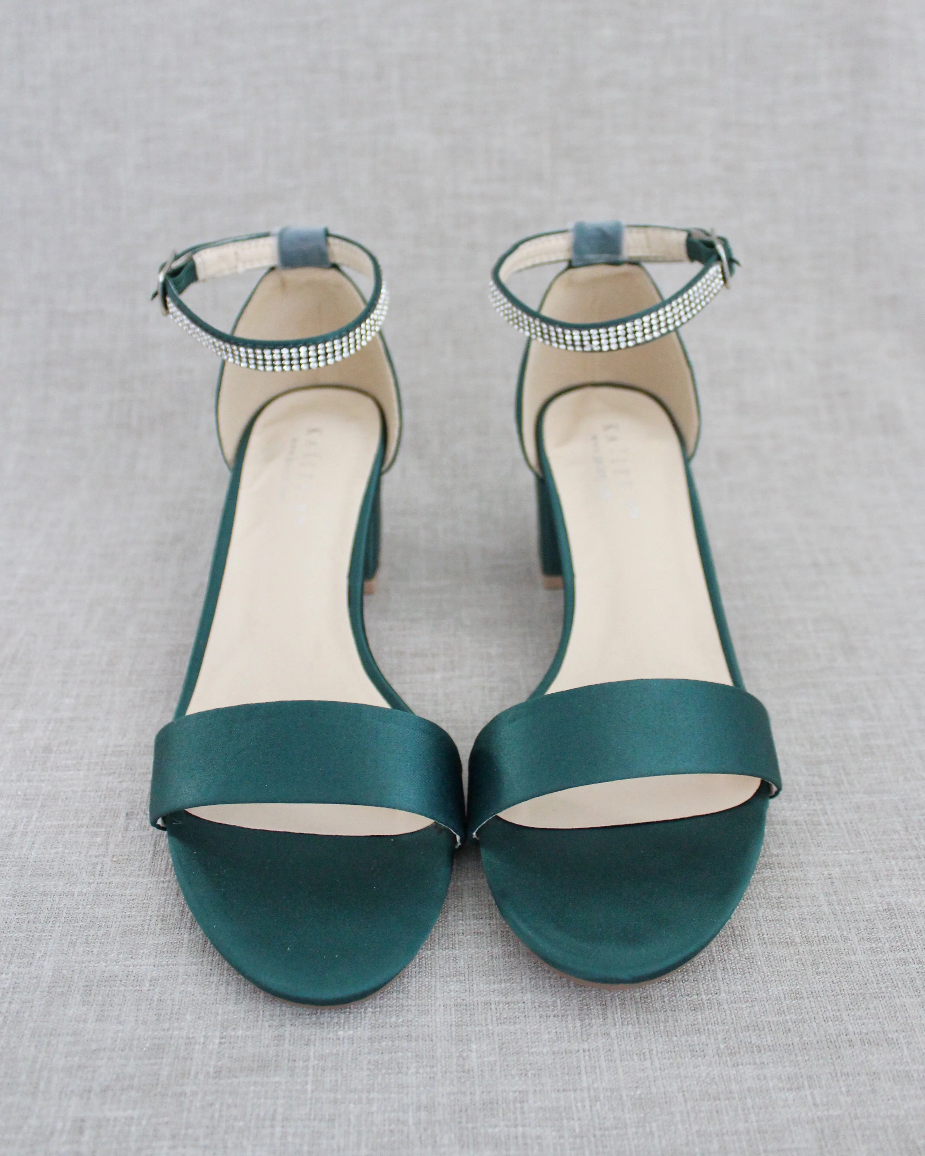 Satin Block Heel Sandals with Mini Rhinestones Embellished Ankle Strap