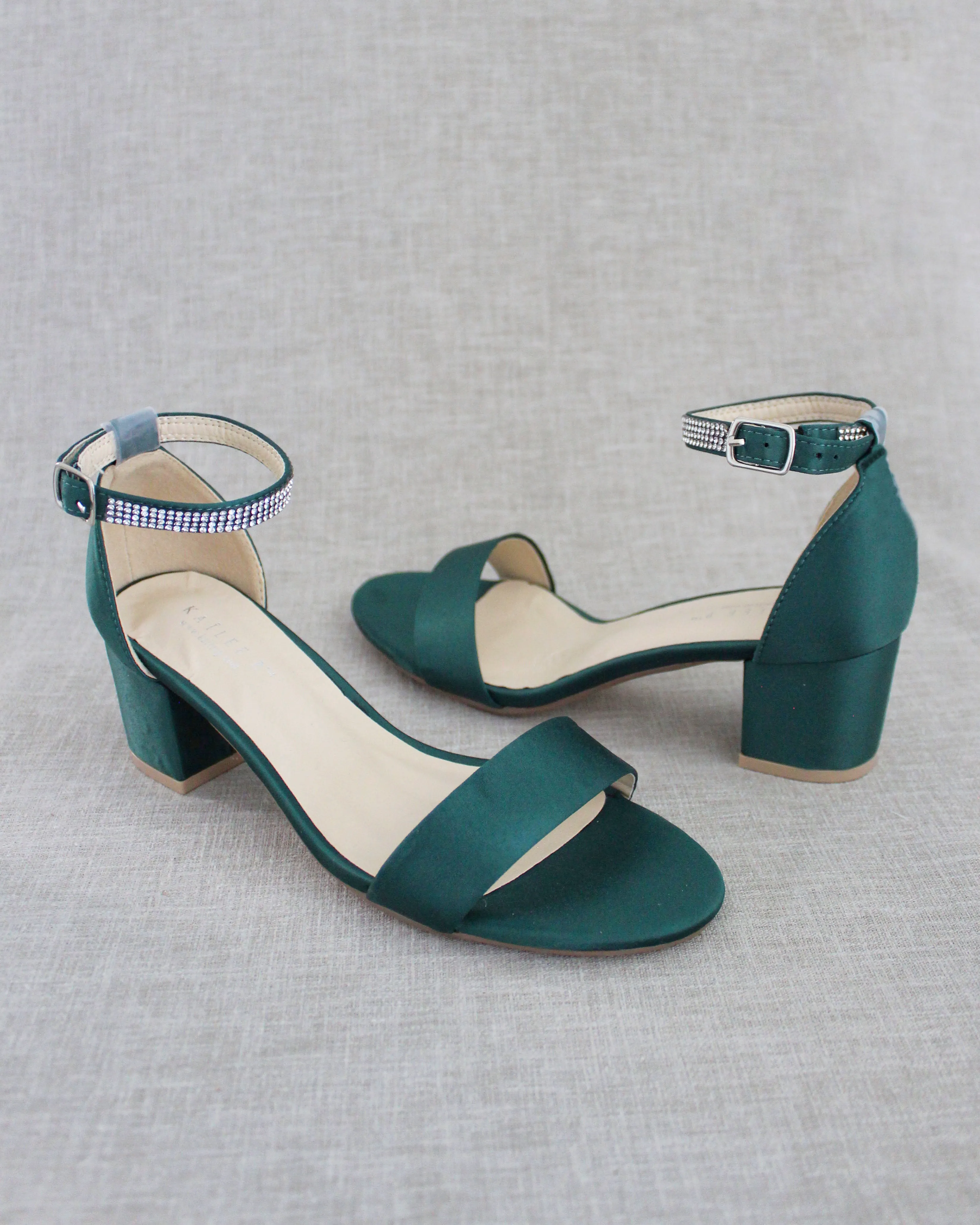 Satin Block Heel Sandals with Mini Rhinestones Embellished Ankle Strap