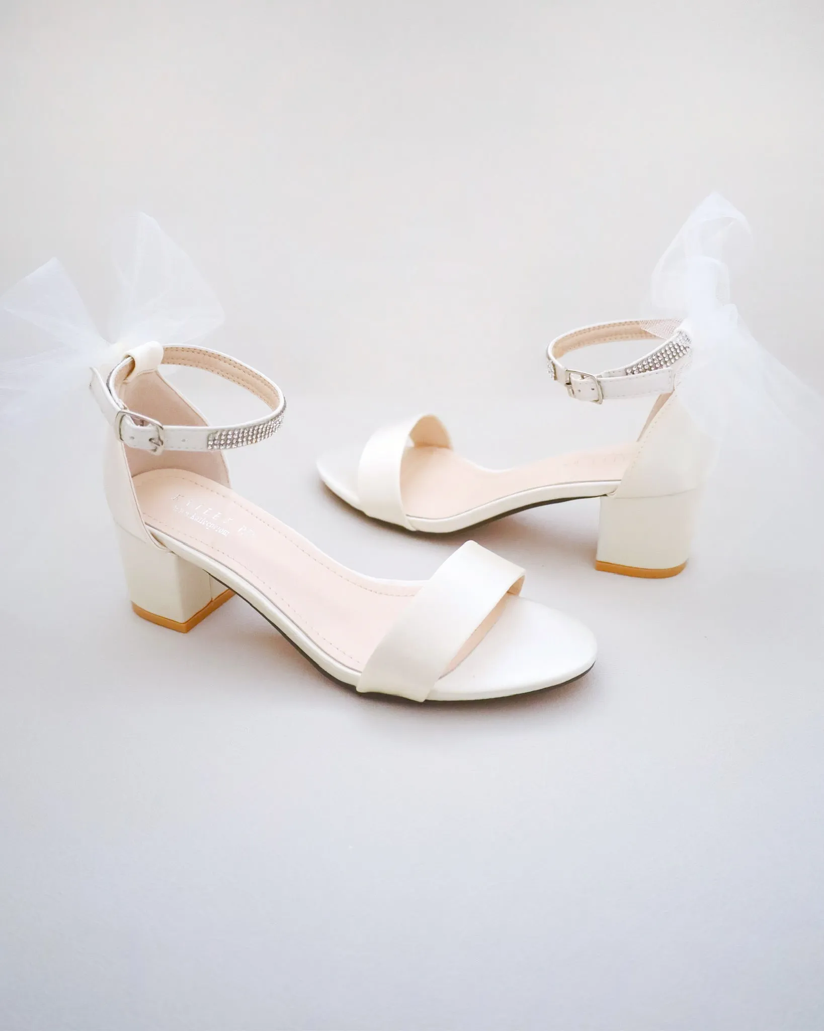 Satin Block Heel Sandals with Tulle Back Bow and Embellished Rhinestones Strap
