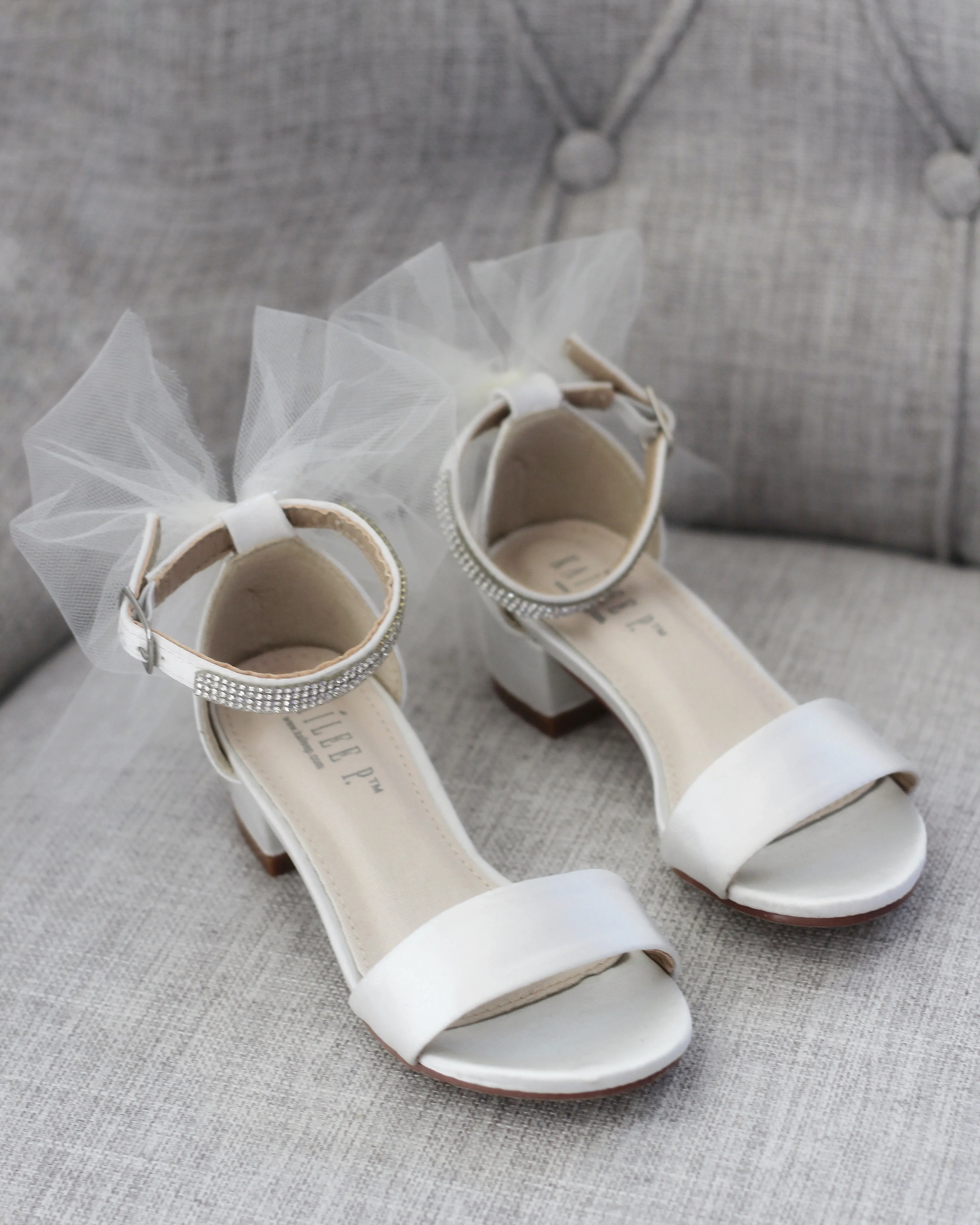 Satin Block Heel Sandals with Tulle Back Bow and Embellished Rhinestones Strap