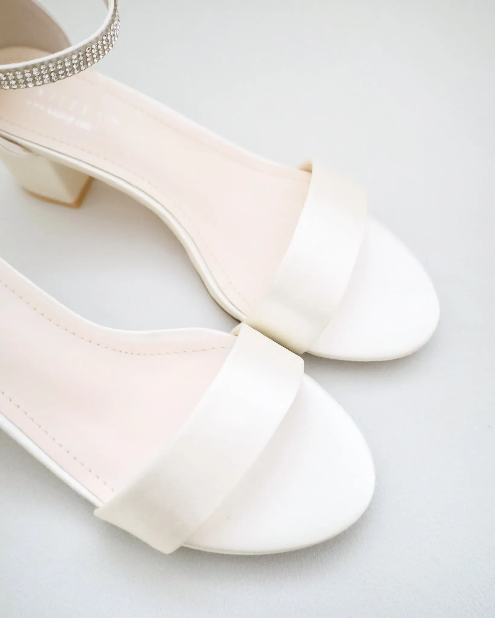Satin Block Heel Sandals with Tulle Back Bow and Embellished Rhinestones Strap